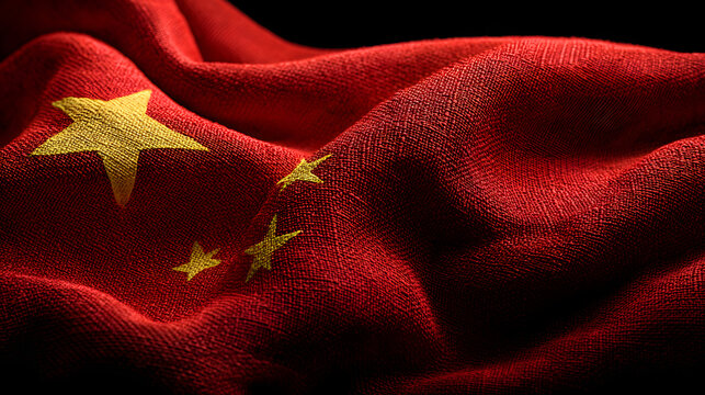 Close up shot of the chinese flag displaying its textured fabric and golden stars dramatically.