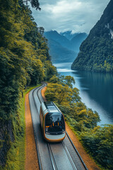 Futuristic train navigating scenic mountainous and lakeside landscape on overcast day