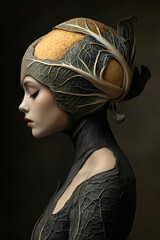 Surreal portrait of woman in organic costume with leaf patterns and brain design