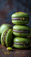 Baked pistachio flavored french macarons sitting on wooden table surrounded by fresh pistachio. AI Generative
