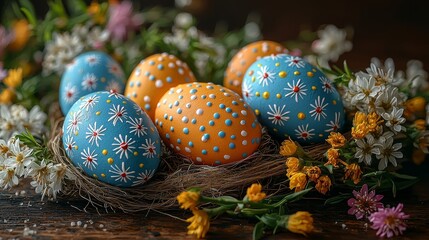 Brightly colored, decorative Easter eggs nestled in a bed of fresh spring flowers, capturing the essence of seasonal celebration and renewal.
