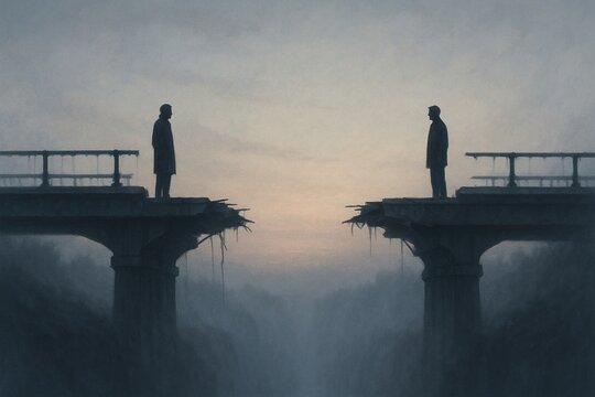 Two men facing each other on broken bridge at sunset, 3rd World War concept