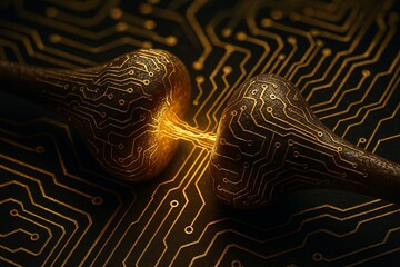 Brain computer interface digital synapse connection in gold, neural technology visualization
