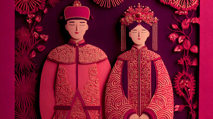 Obraz premium Intricate paper cut illustration of a traditional chinese wedding couple celebrating love and marriage