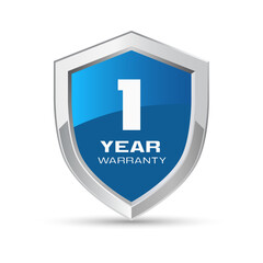1 year warranty silver metal shield in blue color. One year warranty shield vector illustration. Metallic security badge.
