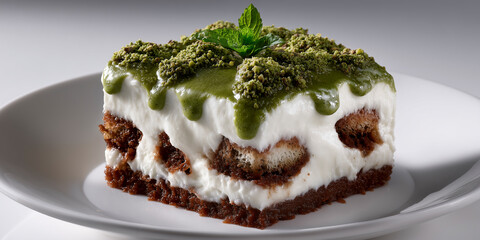 Matcha Tiramisu, Italian Tiramisu Cake with Matcha Green Tea. AI Generative