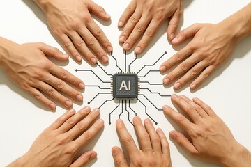 Hands teamwork around AI chip, artificial intelligence collaboration concept