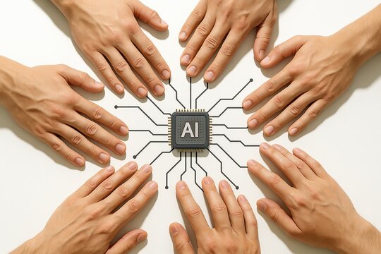 Hands teamwork around AI chip, artificial intelligence collaboration concept - Powered by Adobe