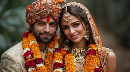 A beautiful Indian couple dressed in traditional wedding attire, radiating love and joy in a serene outdoor setting, floral garlands adorning their necks.