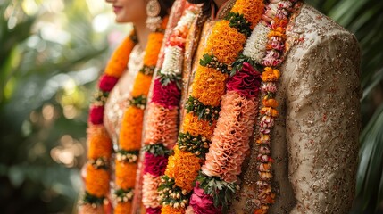 Elegant couple adorned in traditional attire with vibrant floral garlands, celebrating a joyful wedding moment surrounded by lush greenery.