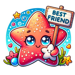 Cute Starfish Best Friend: An adorable cartoon starfish with big, expressive eyes holds a sign that says "Best Friend," surrounded by hearts, bubbles, and smaller starfish.
