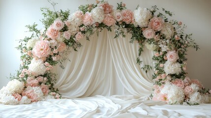 Elegant floral archway adorned with soft pink and white peonies and roses, creating a romantic wedding backdrop
