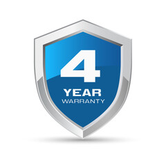 4 year warranty silver metal shield in blue color. Four year warranty shield vector illustration. Metallic security badge.
