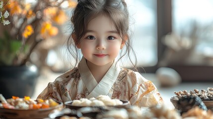 A young girl in a traditional outfit enjoying a delicious meal surrounded by a variety of exquisite dishes and a warm, inviting ambiance.