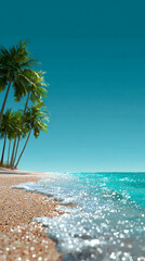 Bright Artistic Tropical Shoreline With Palm Trees And Sparkling Water Edge. Tropical Beach Illustration