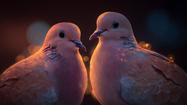Two mourning doves in close proximity with soft feathers and warm lighting depicting romance