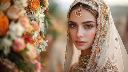 A stunning portrait of a woman in traditional wedding attire, adorned with intricate jewelry and a floral backdrop