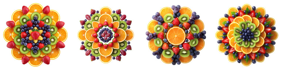 Set of elegant circular fruit arrangement with vibrant slices and whole fruits, isolated on transparent background.