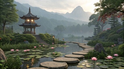 Asian serenity: A traditional Japanese garden with a serene pond and a Chinese temple nestled in the mountains and reflected in a tranquil lake under the morning sky
