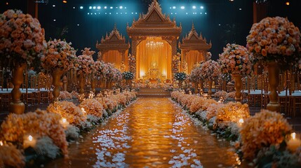 Lavish wedding ceremony setup with intricate floral arrangements and a stunning backdrop illuminated by golden light