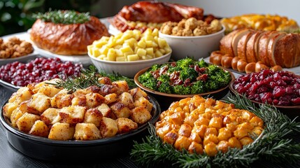 A lavish holiday feast featuring an assortment of delicious dishes, colorful foods, and festive decorations for a memorable celebration