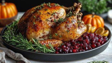 A feast of roasted turkey garnished with herbs, cranberries, and citrus on a festive platter surrounded by autumn decor