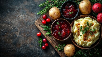 Delicious homemade mashed potatoes served with cranberry sauce nestled beside fresh herbs and red skinned potatoes