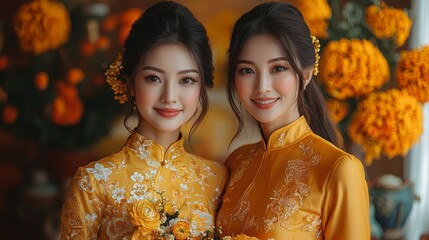 Two young women in traditional yellow ao dai dresses holding roses against a vibrant floral backdrop, radiating joy and friendship.