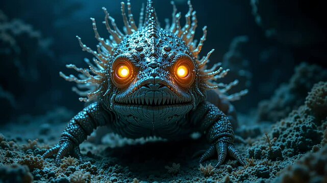 Glowing Eyes of a Deep Sea Creature Prowling the Ocean Floor A Dramatic Underwater Fantasy Scene