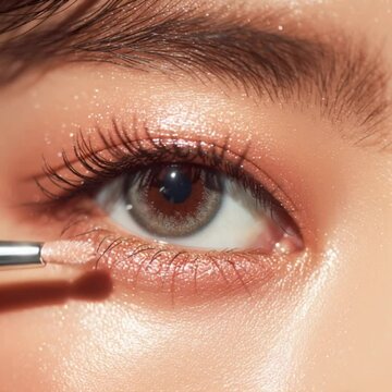 Extreme close up of young Korean woman&rsquo;s eye applying eyeliner and mascara focused precise makeup moment.