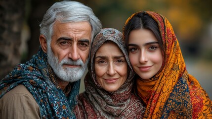 Three generations sharing a warm moment in traditional attire, showcasing familial love and cultural heritage in a serene outdoor setting.