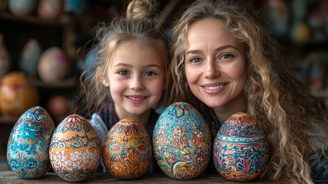 Cheerful mother and daughter posing together with beautifully decorated Easter eggs in a vibrant artisan shop setting