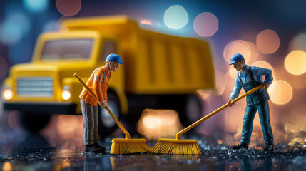 Toy-sized Street Cleaners Work Diligently on a Rainy Night in a Miniature City Setting With a Vibrant Yellow Street Sweeper in the Background