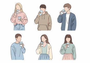 Simple Outline Drawing People Drinking Beverages From a Cup Illustration