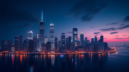 Fototapeta premium Stunning Panoramic View of a Modern City Skyline at Dusk with Reflecting Lights on the Water and a Vibrant Sunset Horizon – Urban Life and Global Business Concept