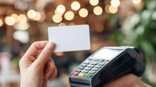 Contactless Payment: A modern hand holds a blank card, ready to be tapped on a sleek point-of-sale terminal, offering a seamless and efficient payment experience in a softly blurred environment.