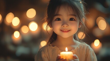 A charming young girl with a radiant smile holds a candle amidst a warm, glowing background of soft lights.