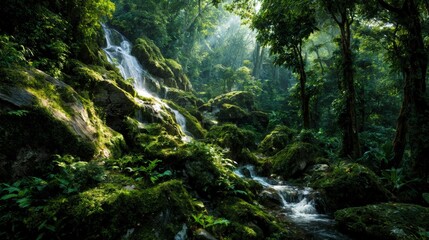 Misty Tropical Falls Surrounded by Dense Rainforest

