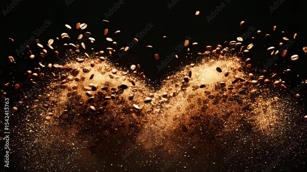 Poster dynamic composition of roasted coffee beans exploding mid-air over black background with glowing par