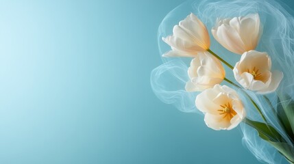 Obraz premium A stunning arrangement of delicate white tulips against a calming soft blue background, creating a serene and elegant visual experience for nature lovers.