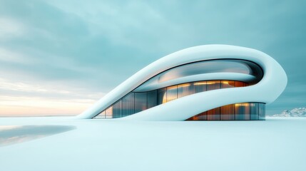 Fototapeta premium A stunning, futuristic architecture stands in a snowy landscape, showcasing sweeping curves and smooth surfaces that create an almost otherworldly atmosphere at dusk.