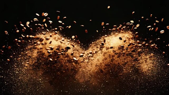 Dynamic composition of roasted coffee beans exploding mid-air over black background with glowing particles and motion blur, high-energy concept, commercial style, bold contrast