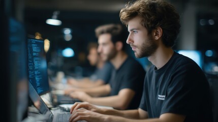 Young software developers collaborate typing code on computers in dimly lit office focused on innovation and software development for data analysis and solutions