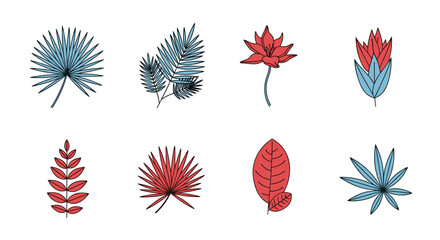 Botanical illustration of tropical leaves and flowers vector design elements for decoration and print use