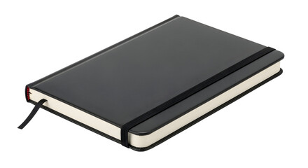 A closed black notebook with a black elastic band and a black ribbon bookmark isolated