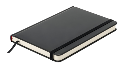 A closed black notebook with a black elastic band and a black ribbon bookmark isolated