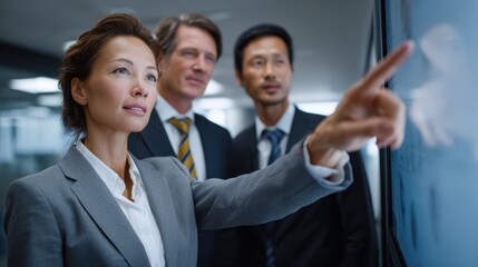 Diverse business team collaborates using interactive touch screen for data analysis and strategic planning fostering innovation and teamwork in modern office space