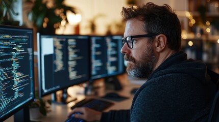 Obraz premium Focused Software Developer Coding on Multiple Monitors in a Modern Office Working Diligently to Develop Innovative Digital Solutions and Applications