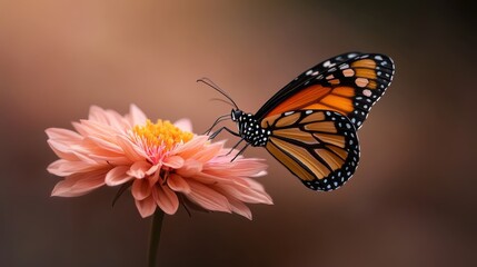 Obraz premium A stunning monarch butterfly rests delicately on a soft pink flower, highlighting the beauty of nature and the harmony of color in a tranquil garden setting.