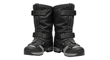 A pair of black winter boots with straps and grey soles on a black background view front